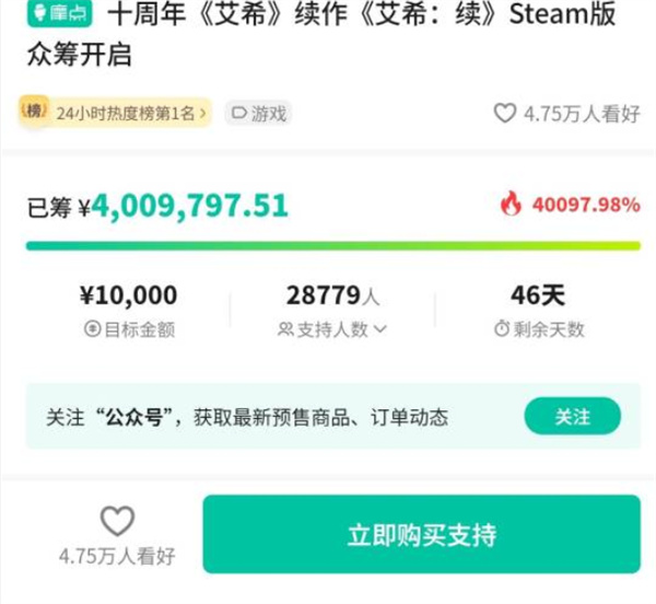 国产动作游戏《艾希：续》首日众筹超过400万！大大超出预期！